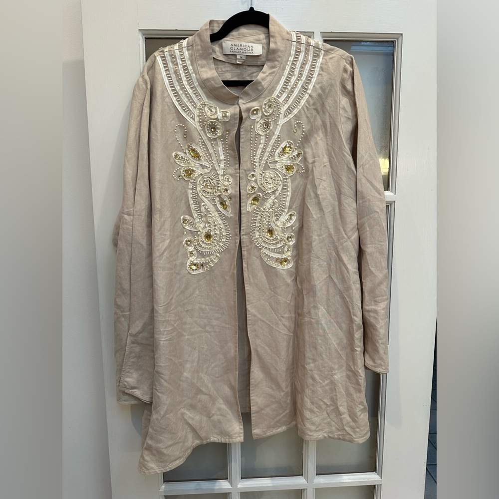 American Glamour Badgley Mischka Jewel Beaded Linen Jacket Blouse Plus Size 1X